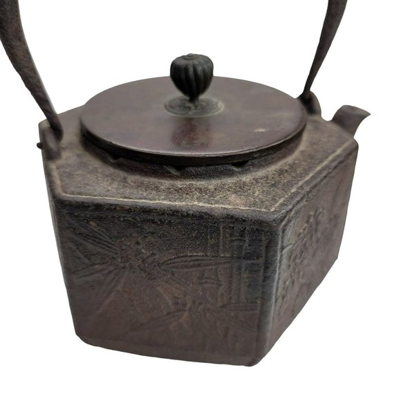 Japanese Cast Iron Teapot Copper Signed Hexagonal Antique Tetsubin CT407 - Picture 13 of 13